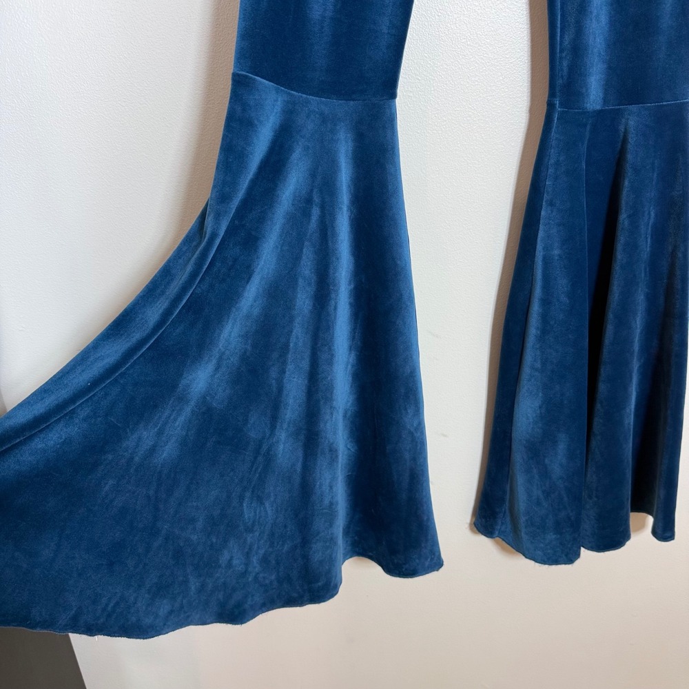 Womens Velour Bell Bottom Pants S Teal Blue Flare Tall Retro Statement 70s Boho - Picture 3 of 11